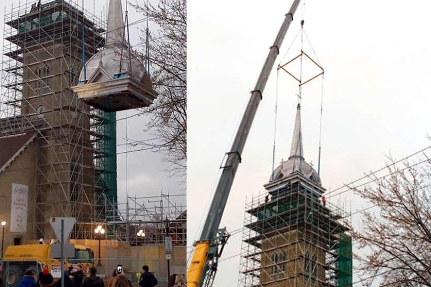 Ste. Anne’s massive spire put back where it belongs after 10 years