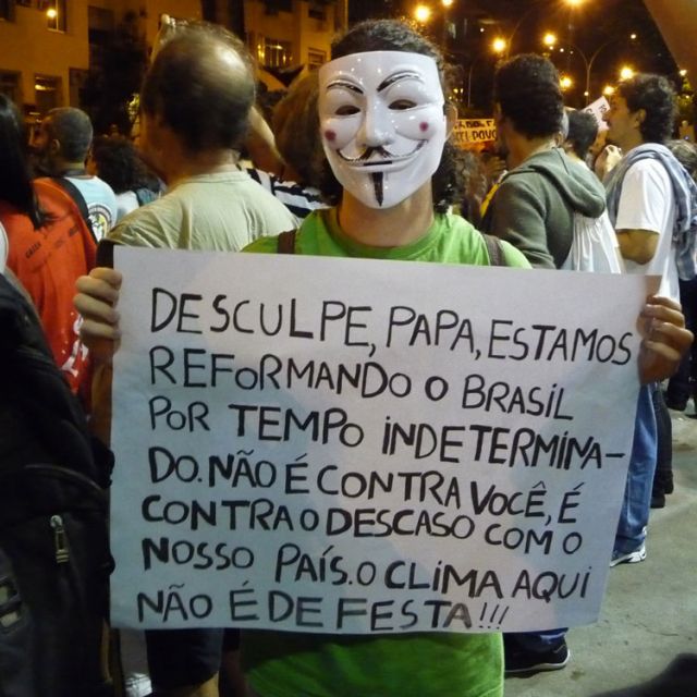 Pope tells Brazilian protesters to be peaceful, bring values to society 