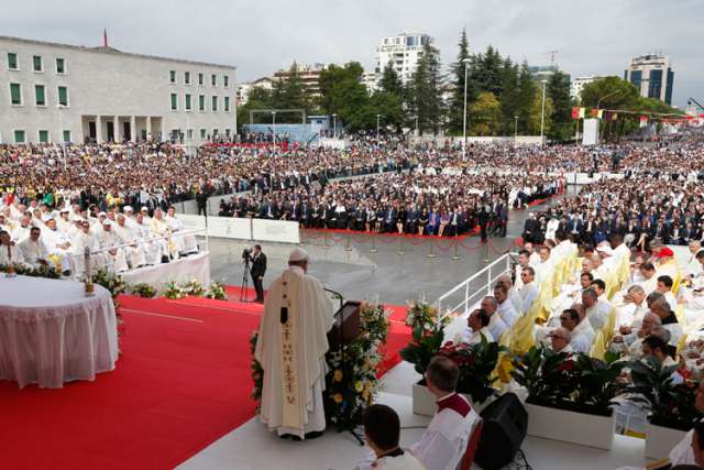 Don't use God as 'armor' for waging violence, Pope Francis says in Albania