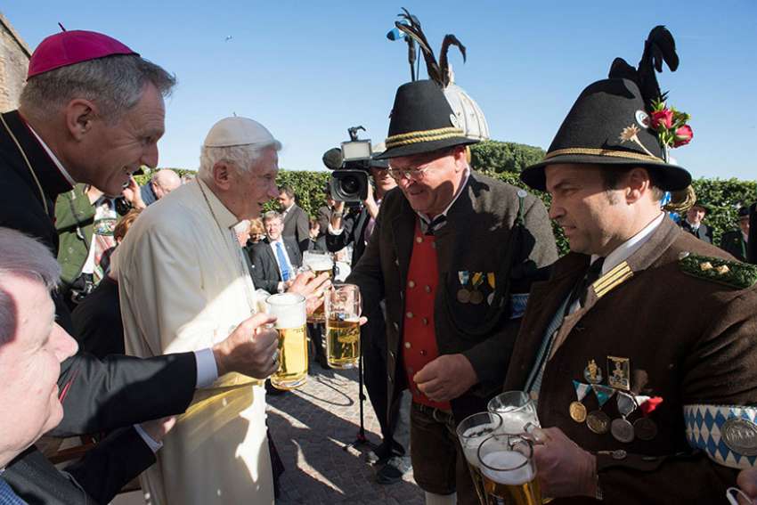 Pope Benedict celebrates 90th birthday with Bavarian guests, beer, pretzels